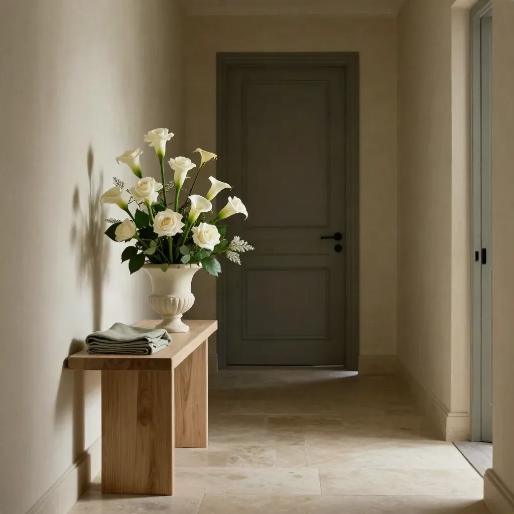 White sympathy spray with calla lilies and cedar on a pale console by a closed hallway door.