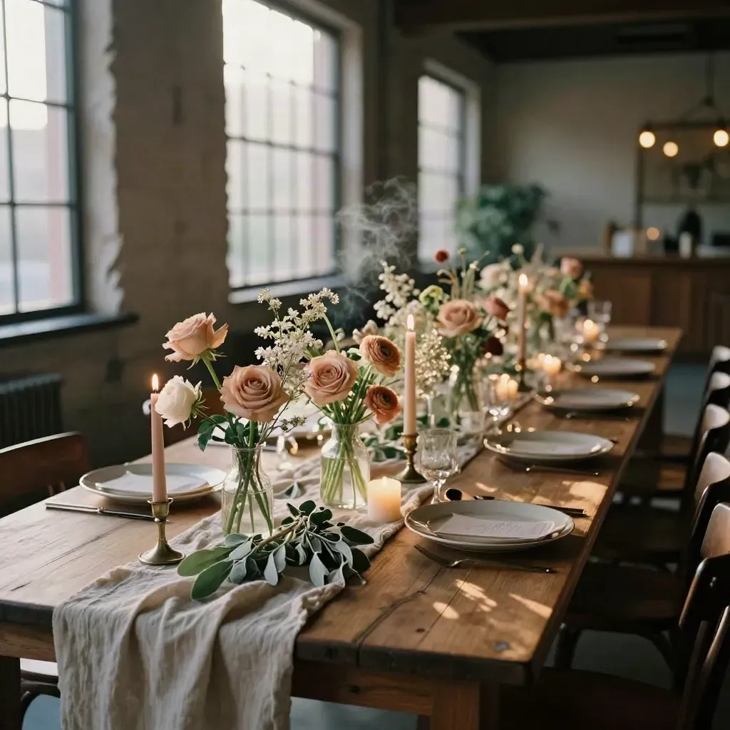 Loft dining table with blush wedding centerpieces, candles, and sage accents in warm afternoon light.