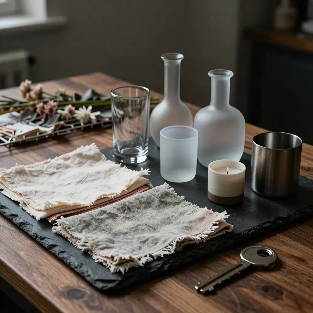 Linen swatches, bud vases, and candle cups arranged on a slate tray for event planning.
