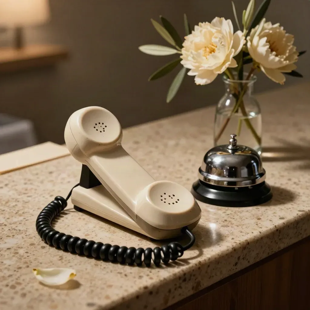 Landline receiver, desk bell, and cream blooms on a travertine ledge