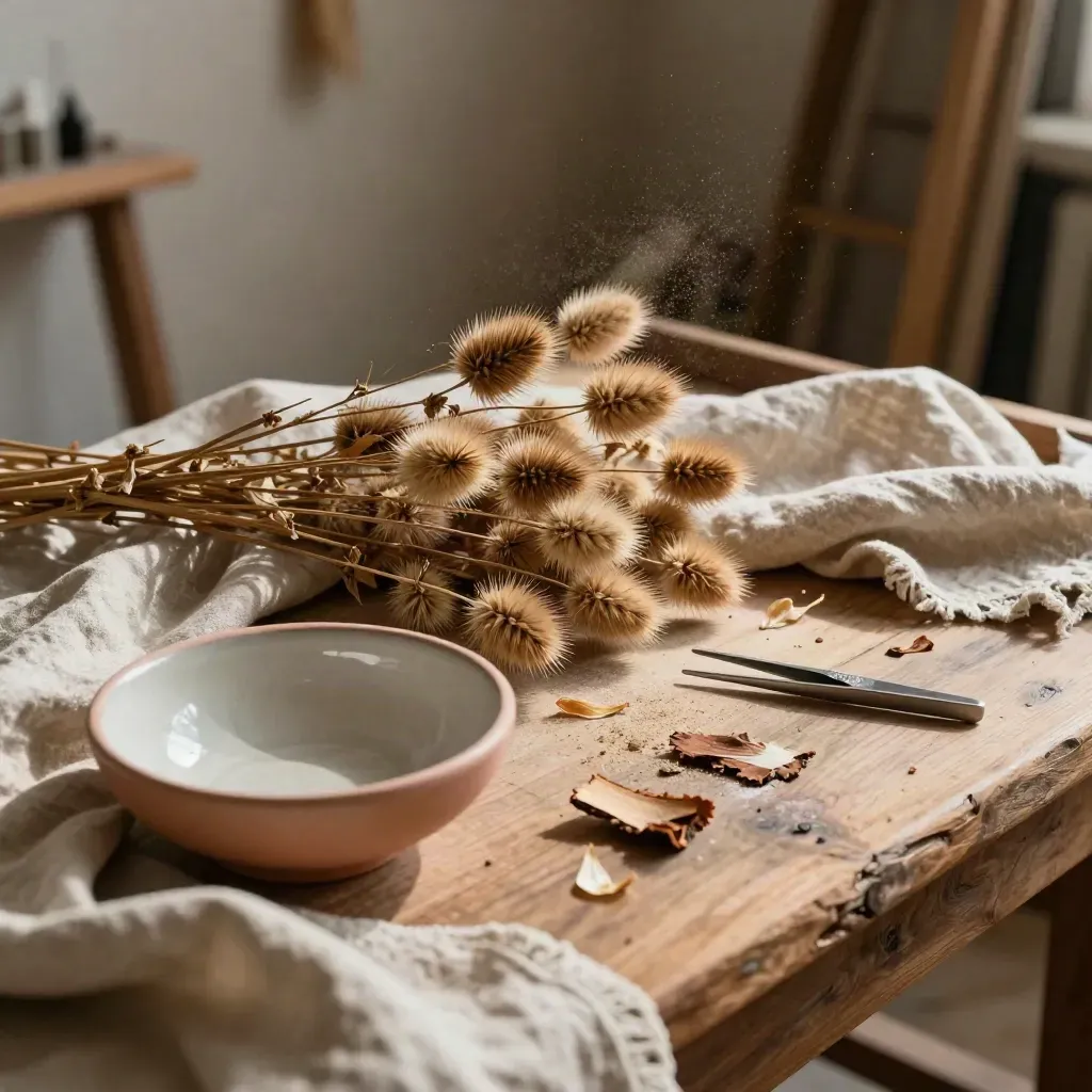 Dried seed heads, linen folds, a ceramic bowl and tweezers on a floral studio tray.